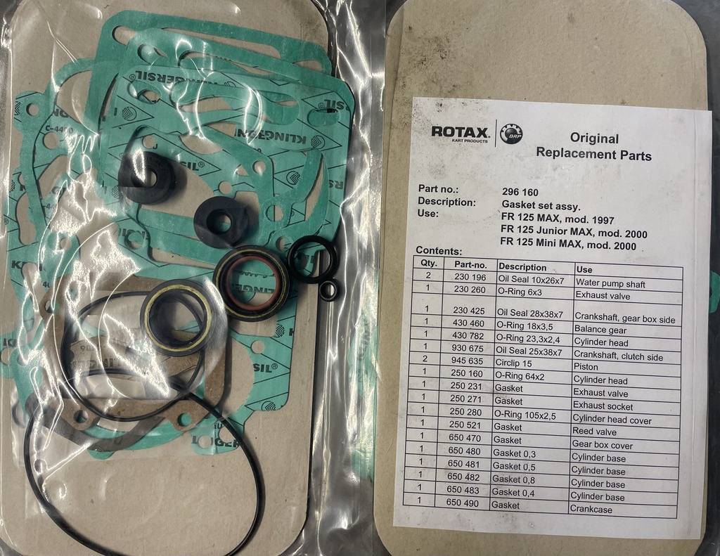 [296 160] JUEGO DE JUNTAS MOTOR ROTAX / FR125MAX - FR125JUNIORMAX -FR125MINIMAX