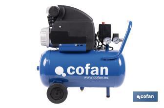 Compresor de aire de pistón coaxial | Motor de 2 HP | Compresor monofásico 230 V | Presión máxima: 8 bares | Depósito de 24 litros | Medidas: 61 x 31 x 58 cm
