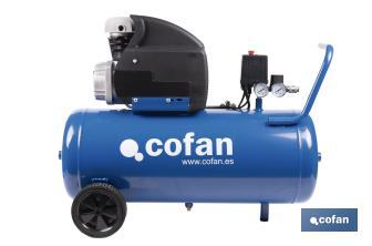 Compresor de aire de pistón coaxial | Motor de 2 HP | Compresor monofásico 230 V | Presión máxima: 8 bares | Depósito de 50 litros | Medidas: 77 x 43 x 66 cm