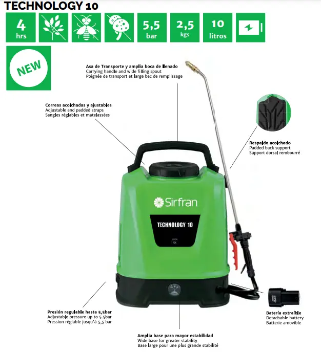 [TECHNOLOGY 10-1500] PULVERIZADOR A BATERIA TECHNOLOGY 10 LITROS (LANZA DE ACERO)