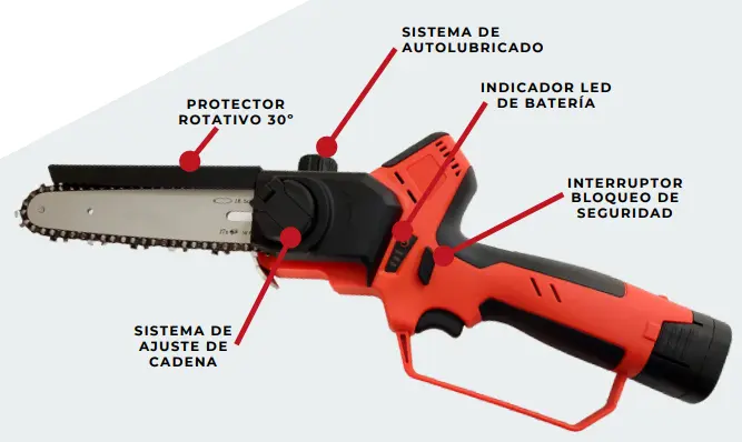 MOTOSIERRA A BATERIA CON ESPADA DE 6", 2 BATERIAS 2 AH Y CARGADOR